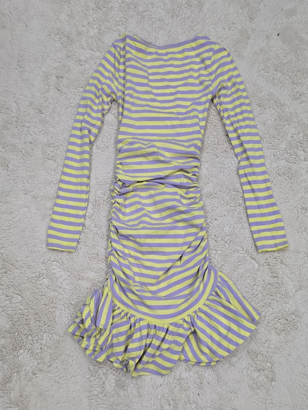 Striped Yellow and Lavender Ruched Ruffle Dress